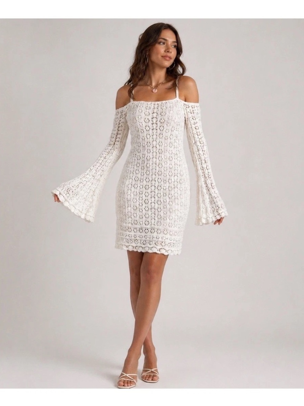 Venus White Crochet Cold Shoulder Bell Sleeve Mini Dress 1X Boho Beach